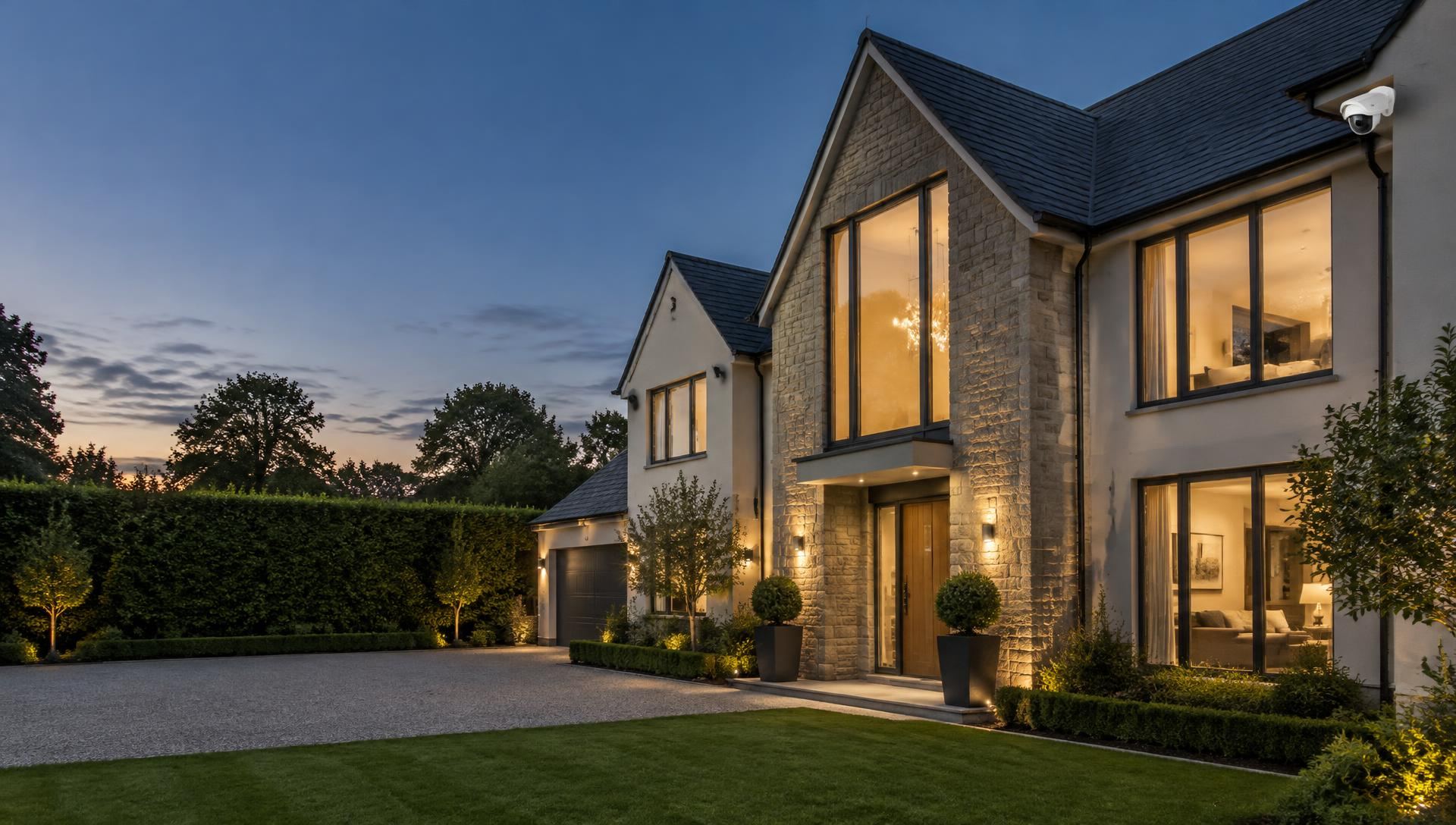 Modern home with a CCTV camera beneath the eaves